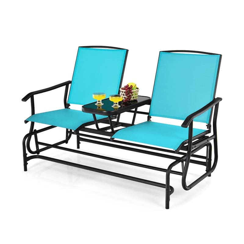 2 Person Outdoor Bench Glider Chair With Center Table Mesh Fabric Rocking Loveseat For Patio - Comfortable And Ergonomic Design