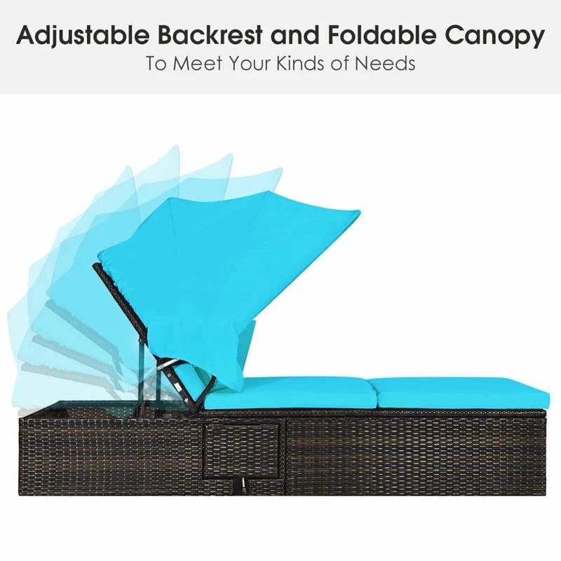Cushioned Rattan Outdoor Chaise Lounge Chair Sun Lounger 5 Position With Folding Canopy Amp Flip Up Tea Table - Comfortable And Ergonomic Design