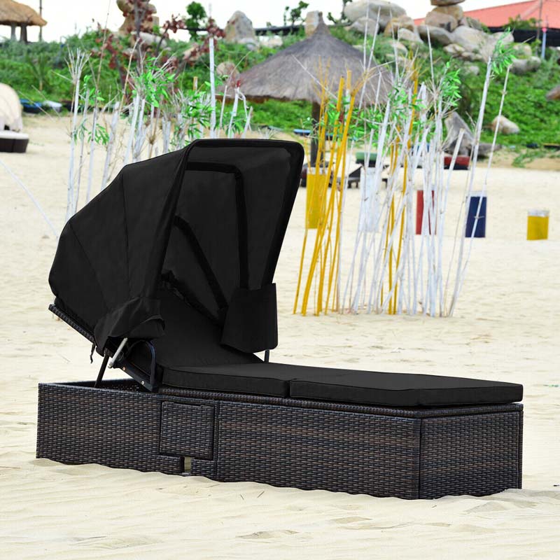 Cushioned Rattan Outdoor Chaise Lounge Chair Sun Lounger 5 Position With Folding Canopy Amp Flip Up Tea Table - Comfortable And Ergonomic Design