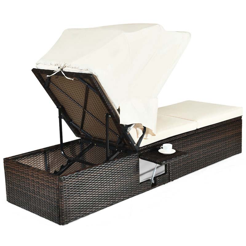 Cushioned Rattan Outdoor Chaise Lounge Chair Sun Lounger 5 Position With Folding Canopy Amp Flip Up Tea Table - Comfortable And Ergonomic Design