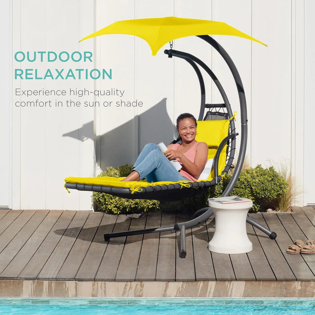 Best Choice Products Outdoor Hanging Curved Steel Chaise Lounge Chair Swing w/Built-in Pillow and Removable Canopy - Charcoal Gray