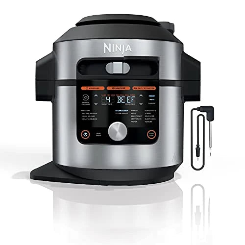 Ninja OL701 Foodi 14 in 1 SMART XL 8 Qt. Pressure Cooker Steam Fryer with SmartLid &amp; Thermometer   Auto Steam Release, that Air Fries, Proofs &amp; More, 3 Layer Capacity, 5 Qt. Crisp Basket, Silver/Black