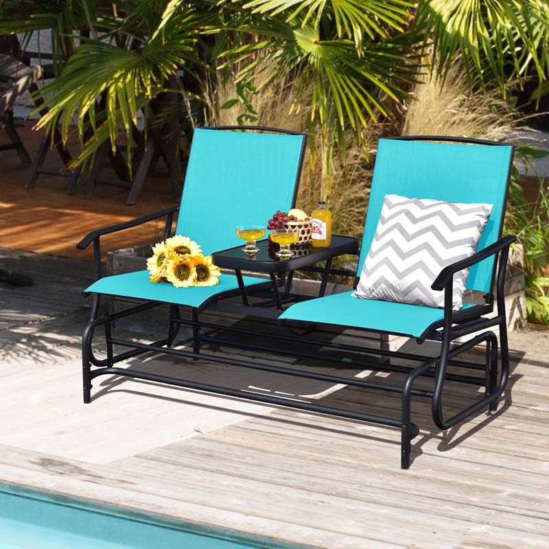 2 Person Outdoor Bench Glider Chair With Center Table Mesh Fabric Rocking Loveseat For Patio - Comfortable And Ergonomic Design