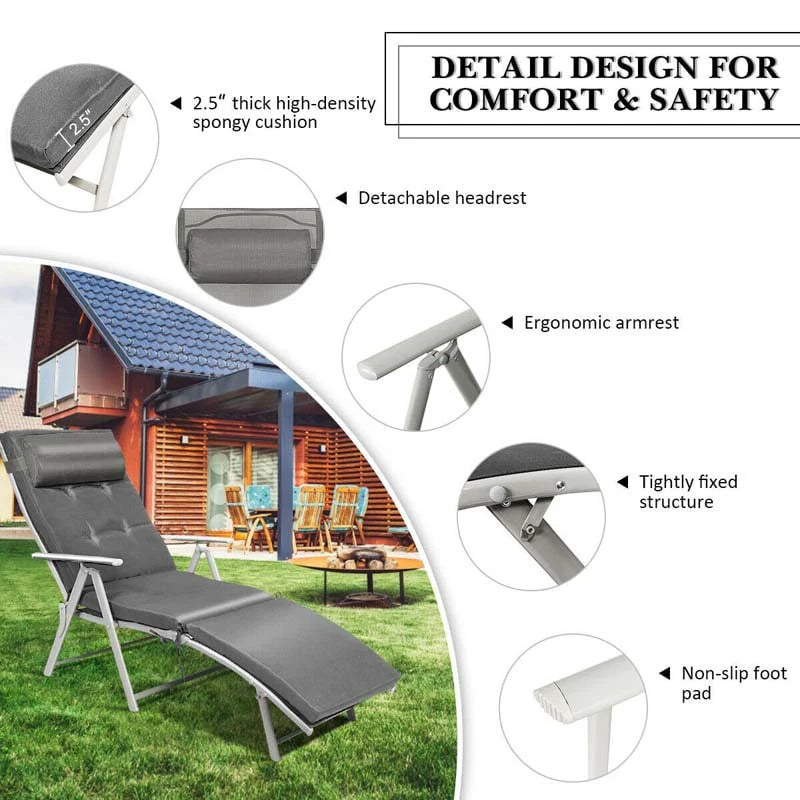 7 Position Folding Outdoor Chaise Lounge Chair Lightweight Patio Pool Chair Sun Lounger With Cushion Amp Pillow - Comfortable And Ergonomic Design