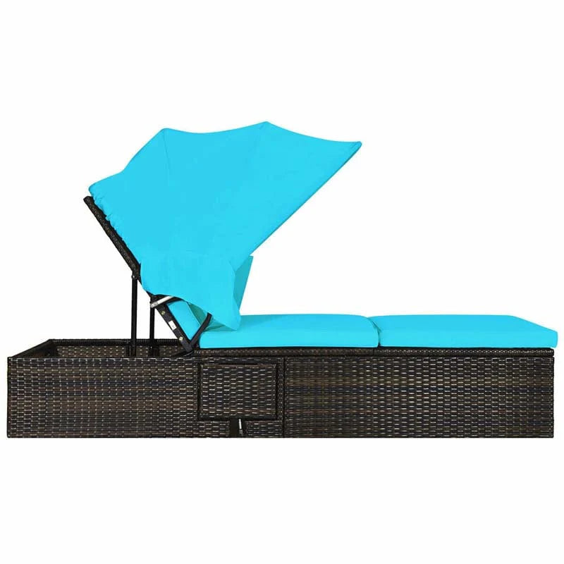 Cushioned Rattan Outdoor Chaise Lounge Chair Sun Lounger 5 Position With Folding Canopy Amp Flip Up Tea Table - Comfortable And Ergonomic Design