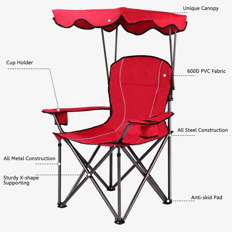 Outdoor Canopy Chair Portable Folding Beach Chair With 2 Cup Holders 600D Pvc Fabric Camping Chair Lawn Chair - Comfortable And Ergonomic Design