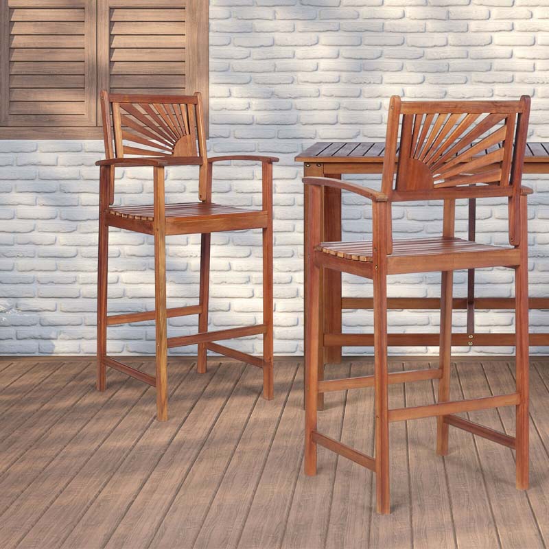 2 Pack Acacia Wood Bar Stools Outdoor Patio Bar Chairs With Sunflower Backrest Amp Curved Armrests - Comfortable And Ergonomic Design