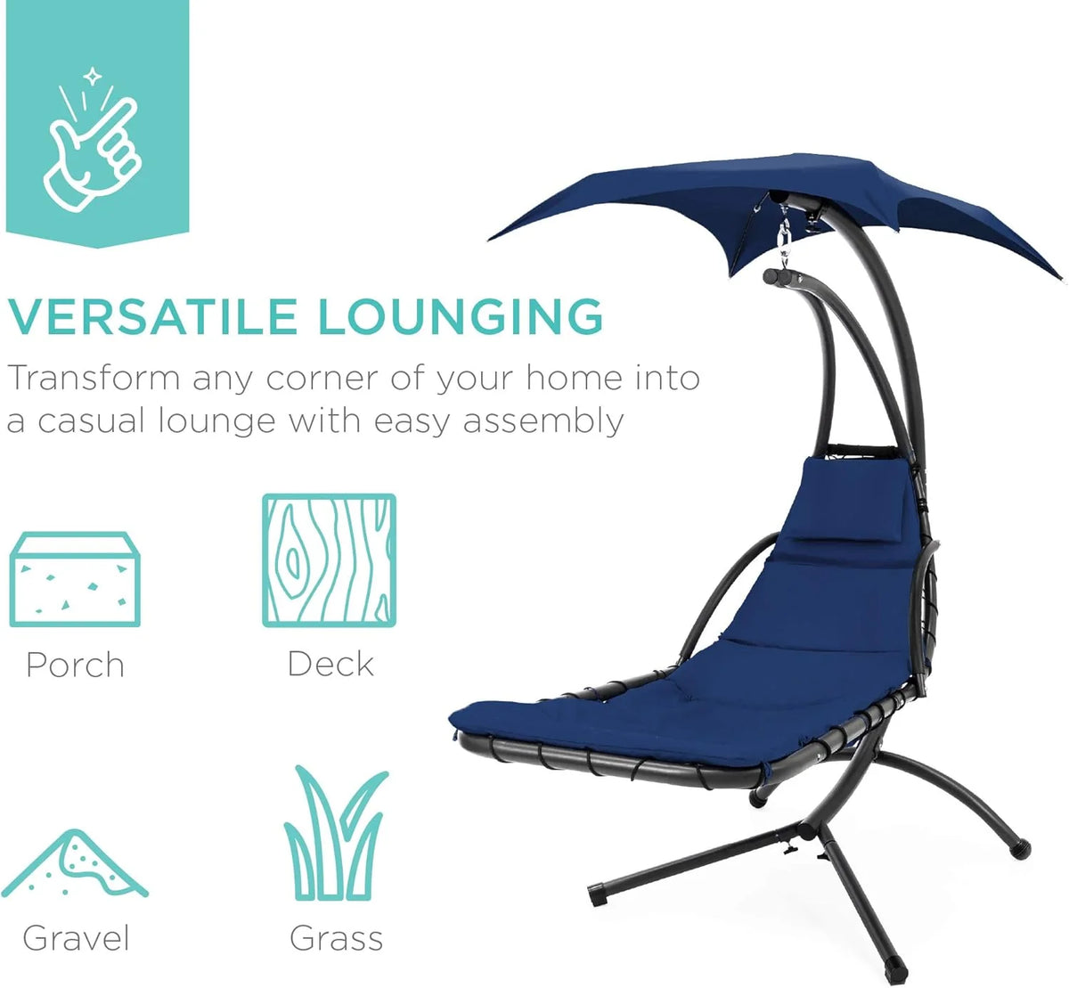 Best Choice Products Outdoor Hanging Curved Steel Chaise Lounge Chair Swing w/Built-in Pillow and Removable Canopy - Charcoal Gray