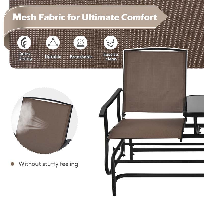 2 Person Outdoor Bench Glider Chair With Center Table Mesh Fabric Rocking Loveseat For Patio - Comfortable And Ergonomic Design
