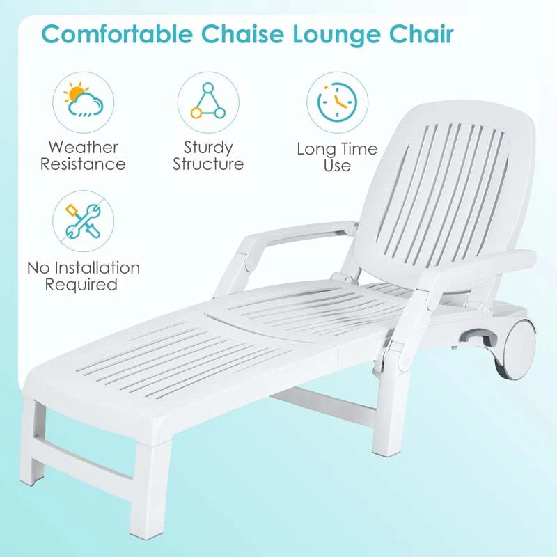 Weatherproof Folding Sun Lounger With Wheels 6 Position Plastic Outdoor Chaise Lounge Chair For Pool Beach Lawn - Comfortable And Ergonomic Design