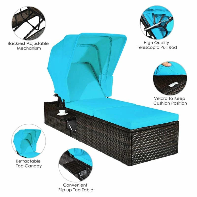 Cushioned Rattan Outdoor Chaise Lounge Chair Sun Lounger 5 Position With Folding Canopy Amp Flip Up Tea Table - Comfortable And Ergonomic Design