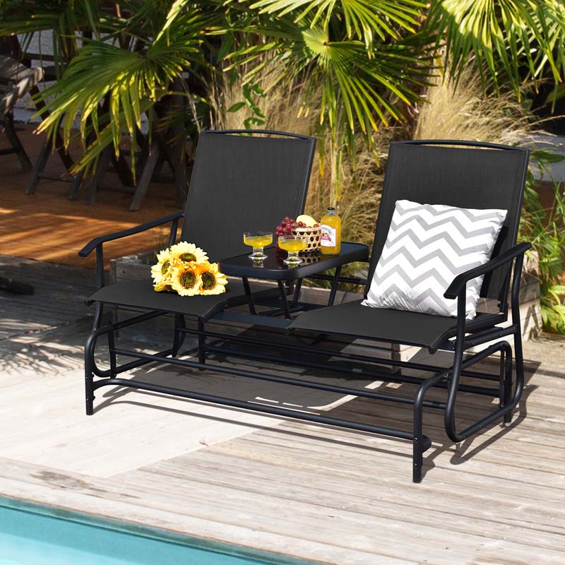 2 Person Outdoor Bench Glider Chair With Center Table Mesh Fabric Rocking Loveseat For Patio - Comfortable And Ergonomic Design