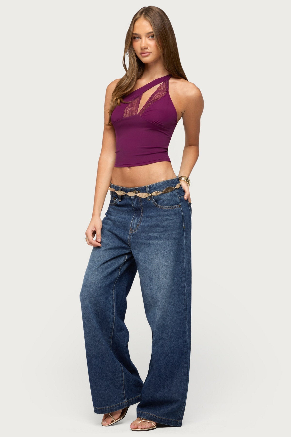 One Shoulder Peekaboo Lacey Cutout Top